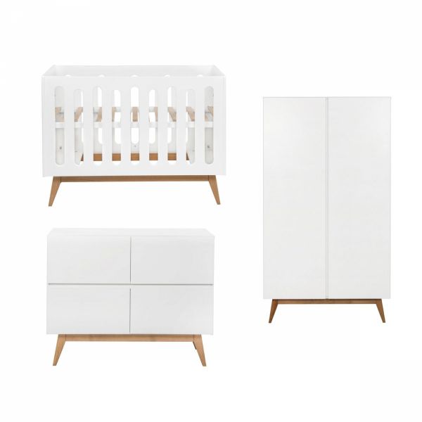 Chambre trio lit bébé 60x120 cm évolutif en canapé + armoire + commode avec plan à langer Trendy White