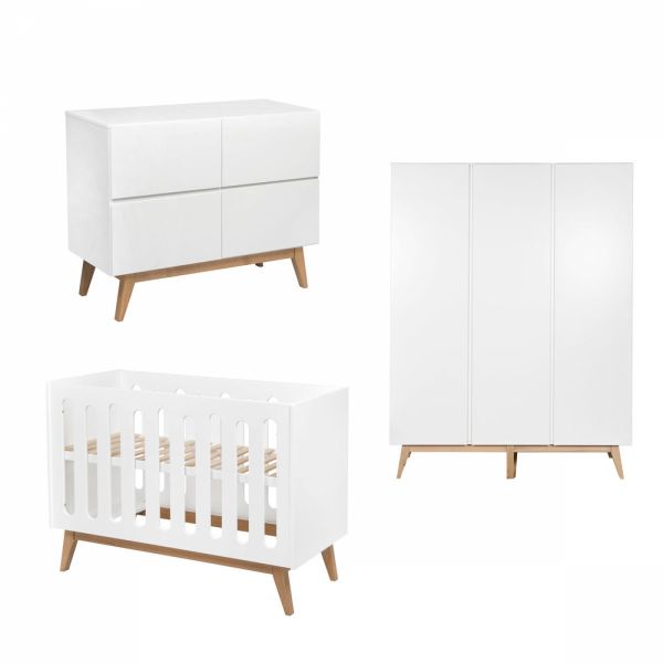 Chambre trio lit bébé 60x120 cm évolutif en canapé + armoire XL + commode avec plan à langer Trendy White
