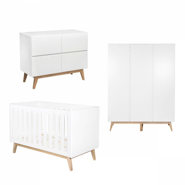 Chambre trio lit bébé 70x140 cm évolutif en canapé + armoire XL + commode avec plan à langer Trendy White