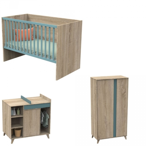 Chambre Trio Lit évolutif bébé combiné 70x140 cm en 140x190 cm + Armoire + Commode NOVA Argile douce