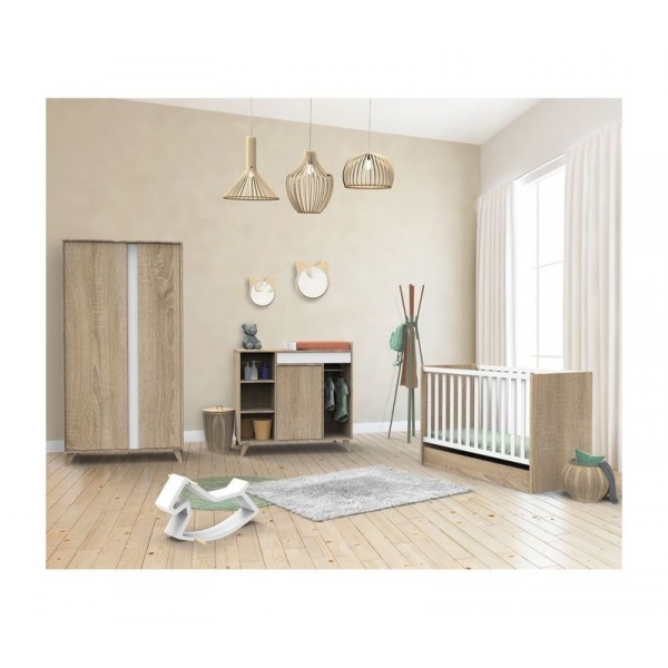 Chambre Trio Lit évolutif bébé combiné 70x140 cm en 140x190 cm + Armoire + Commode NOVA Blanc lin