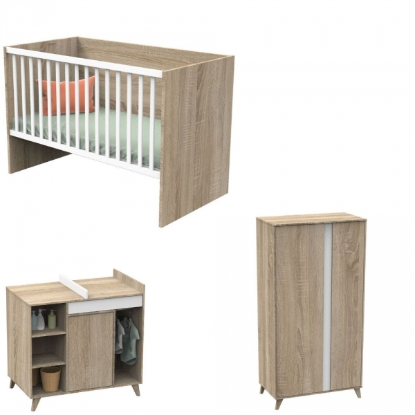 Chambre Trio Lit évolutif bébé combiné 70x140 cm en 140x190 cm + Armoire + Commode NOVA Blanc lin