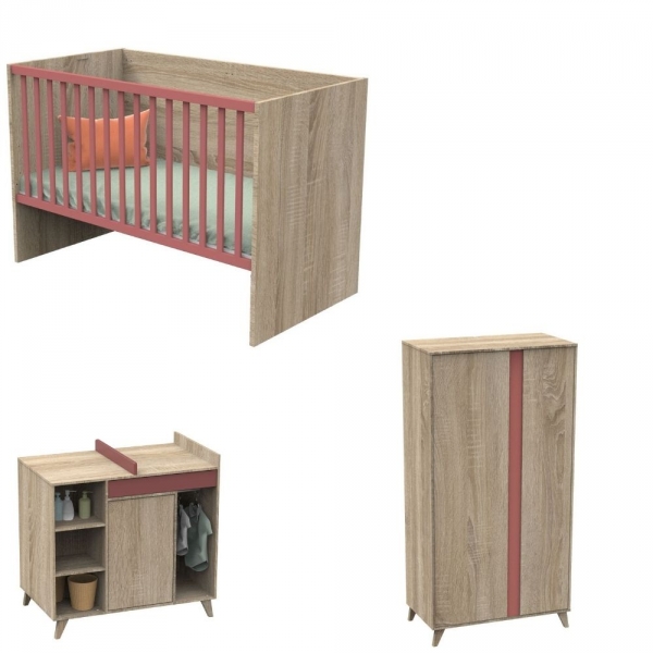 Chambre Trio Lit évolutif bébé combiné 70x140 cm en 140x190 cm + Armoire + Commode NOVA Rose canyon