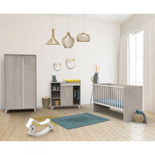 Chambre Trio Lit évolutif bébé combiné 70x140 cm en 140x200 cm + Armoire + Commode NOVA Gris loft