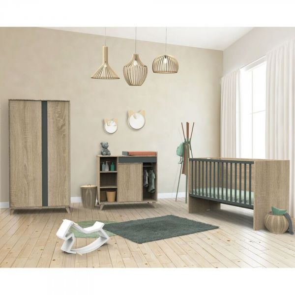 Chambre Trio Lit évolutif bébé combiné 70x140 cm en 140x200 cm + Armoire + Commode NOVA Gris volcan