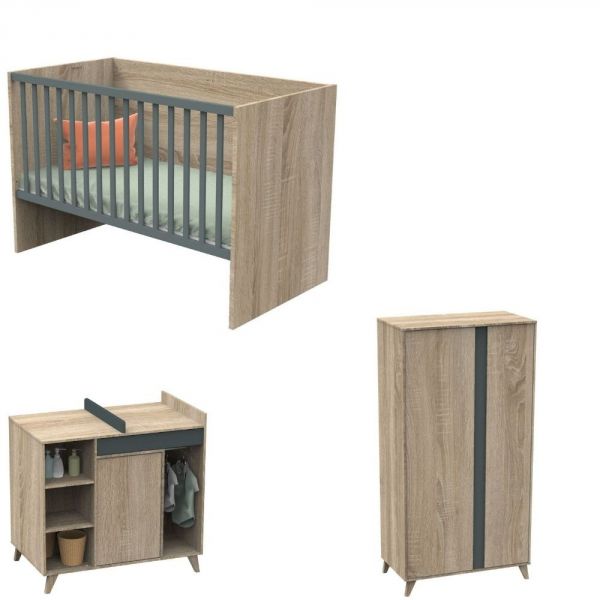 Chambre Trio Lit évolutif bébé combiné 70x140 cm en 140x200 cm + Armoire + Commode NOVA Gris volcan