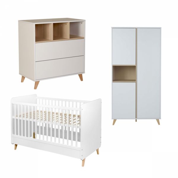 Chambre trio lit bébé 70x140 cm évolutif en lit enfant + armoire + commode avec plan à langer Loft White