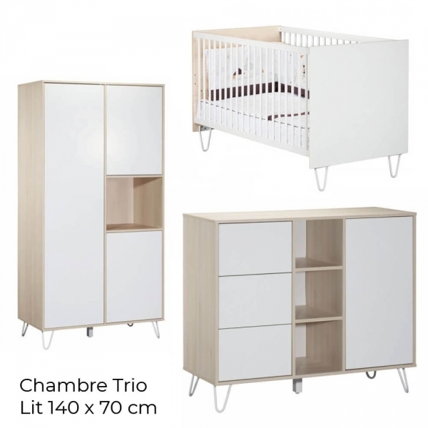 Chambre Trio Lit évolutif bébé Little Big Bed 70x140 cm + Armoire + Commode Happy