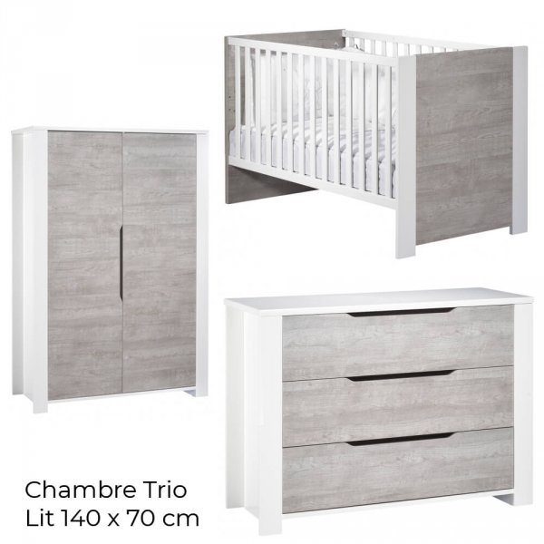 Chambre Trio Lit évolutif bébé Little Big Bed 70x140 cm + Armoire + Commode Loft Bois