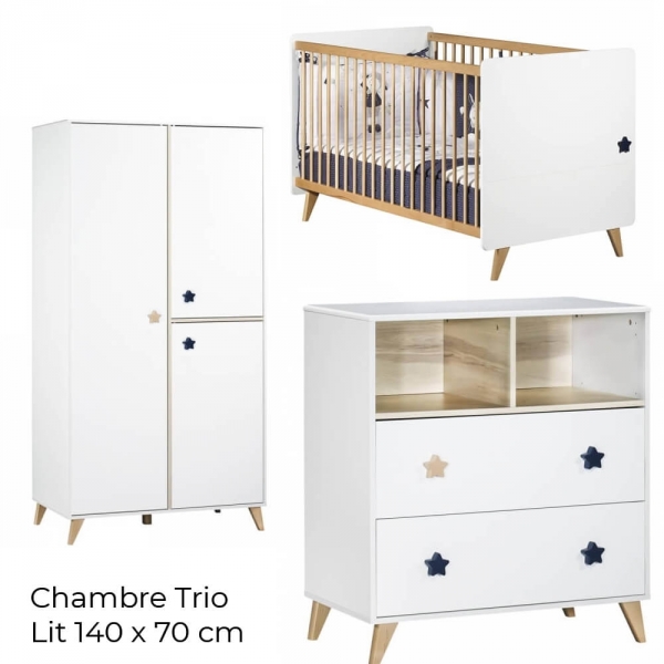 Chambre Trio évolutif bébé Lit Little Big Bed 70x140 cm + Armoire + Commode Oslo Etoile