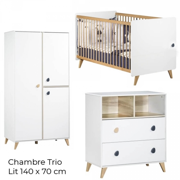 Chambre Trio évolutif bébé Lit Little Big Bed 70x140 cm + Armoire + Commode Oslo Goutte