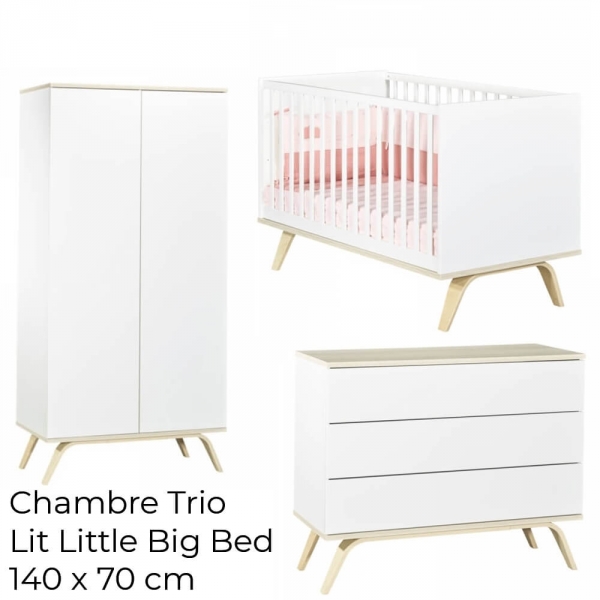 Chambre Trio évolutif bébé Lit Little Big Bed 70x140 cm + Armoire + Commode Serena