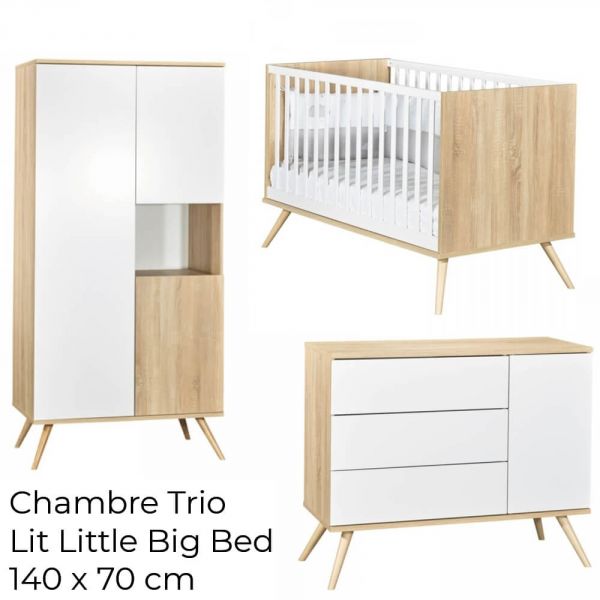 Chambre Trio Lit évolutif bébé Little Big Bed 70x140 cm + Armoire + Commode Seventies Blanc