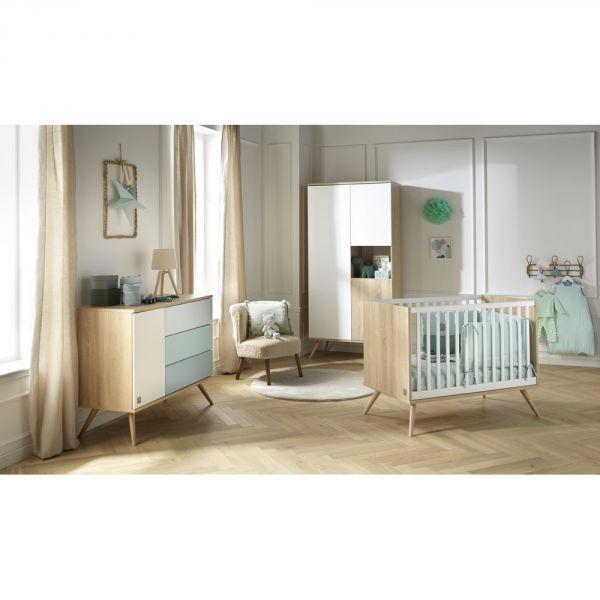Chambre Trio Lit évolutif bébé Little Big Bed 70x140 cm + Armoire + Commode Seventies Bleue