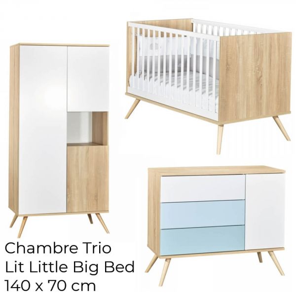 Chambre Trio Lit évolutif bébé Little Big Bed 70x140 cm + Armoire + Commode Seventies Bleue