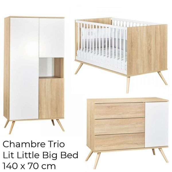 Chambre Trio Lit évolutif bébé Little Big Bed 70x140 cm + Armoire + Commode Seventies Bois