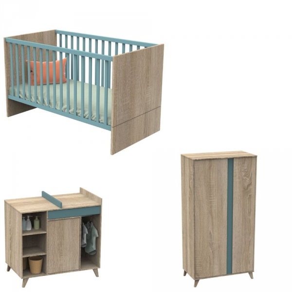 Chambre Trio Lit évolutif bébé Little Big Bed 70x140 cm + Armoire + Commode NOVA Argile douce