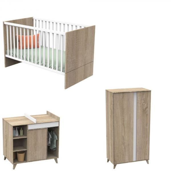 Chambre Trio Lit évolutif bébé Little Big Bed 70x140 cm + Armoire + Commode NOVA Blanc lin