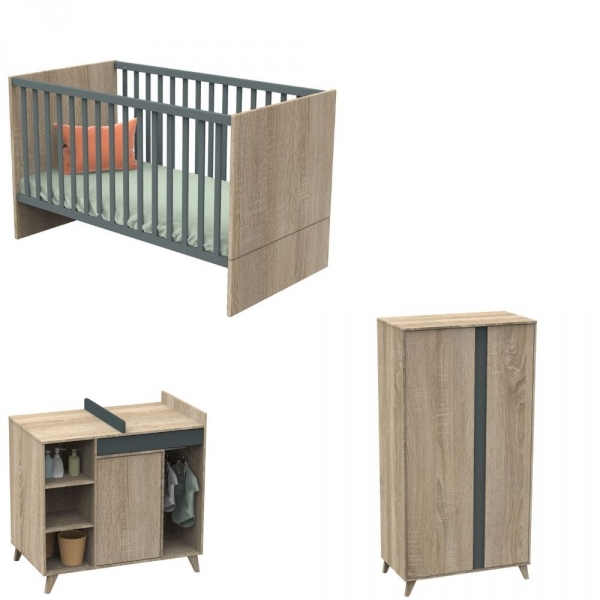 Chambre Trio Lit évolutif bébé Little Big Bed 70x140 cm + Armoire + Commode Gris volcan