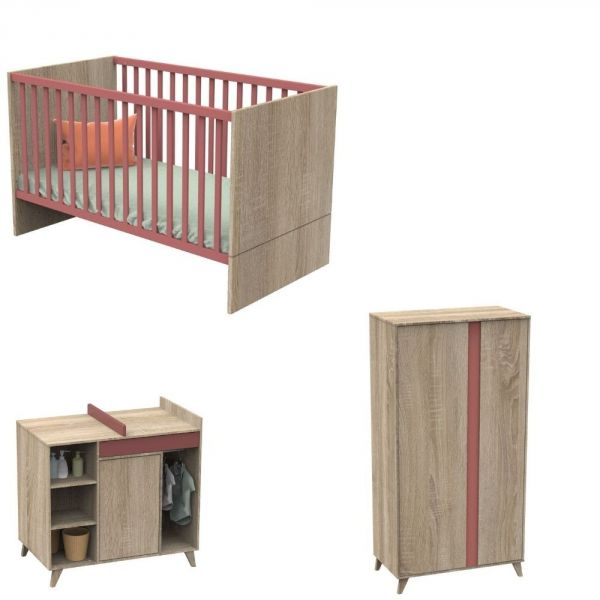 Chambre Trio Lit évolutif bébé Little Big Bed 70x140 cm + Armoire + Commode Nova Rose canyon