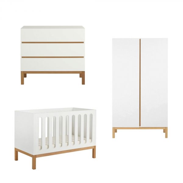 Chambre trio lit bébé 60x120 cm évolutif en canapé + armoire + commode avec plan à langer Indigo White