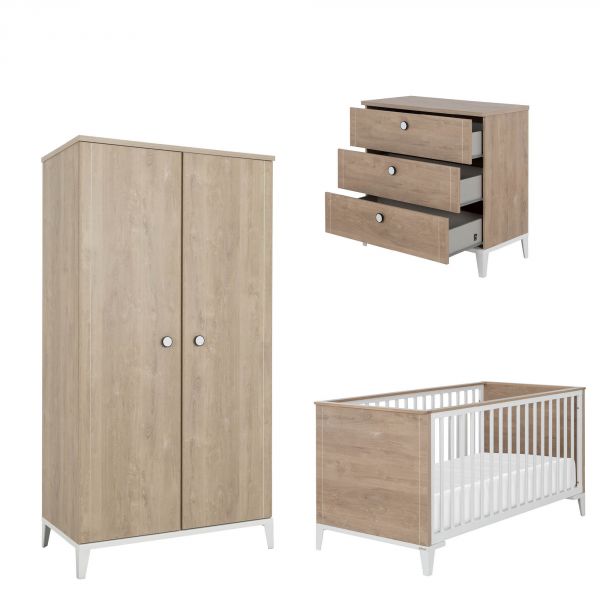 Chambre trio lit bébé évolutif 70x140 cm + commode + armoire 2 portes Marcel pieds blancs