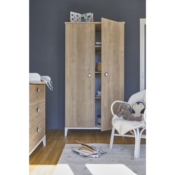 Chambre trio lit bébé évolutif 70x140 cm + commode + armoire 2 portes Marcel pieds blancs