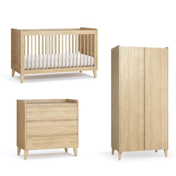 Chambre trio Muve chêne Lit 70x140 cm + Commode + Armoire 2 portes