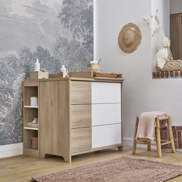 Chambre trio lit bébé évolutif 70x140 cm + commode + armoire Sacha Chêne