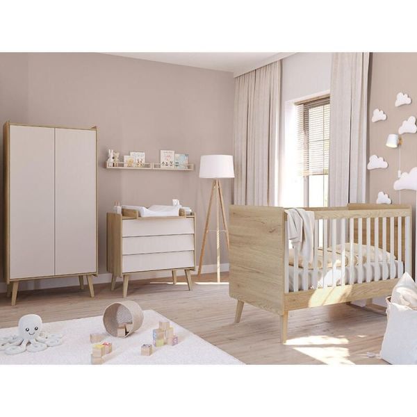 Chambre trio Vintage fresh Beige Lit 70x140 cm + Commode + Armoire 2 portes