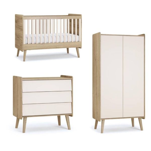 Chambre trio Vintage fresh Beige Lit 70x140 cm + Commode + Armoire 2 portes