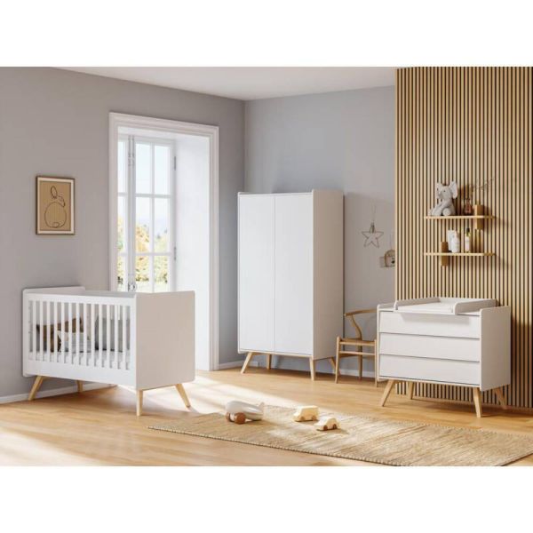 Chambre trio Lit bébé 60 x 120 cm + Commode 3 tiroirs + Armoires 2 portes Vintage blanc