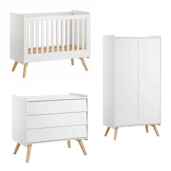 Chambre trio Lit bébé 60 x 120 cm + Commode 3 tiroirs + Armoires 2 portes Vintage blanc