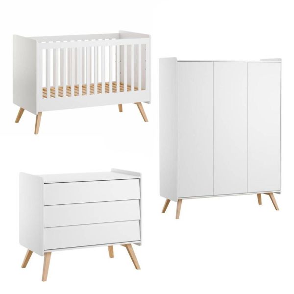 Chambre trio Lit bébé évolutif 70 x 140 cm + Commode 3 tiroirs + Armoire 3 portes Vintage blanc
