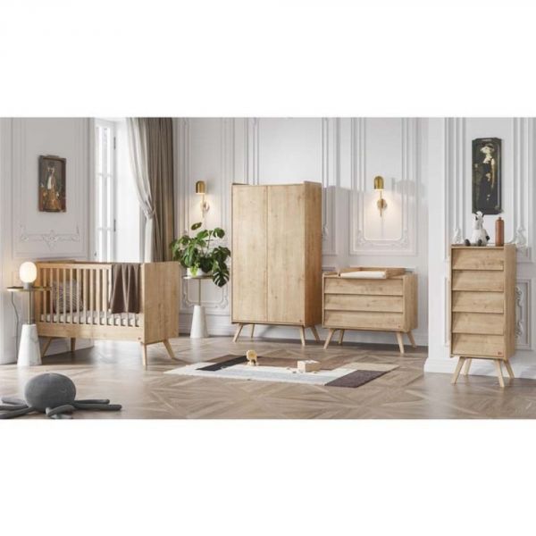 Chambre trio lit 70x140 + commode + armoire Bois - Collection Vintage