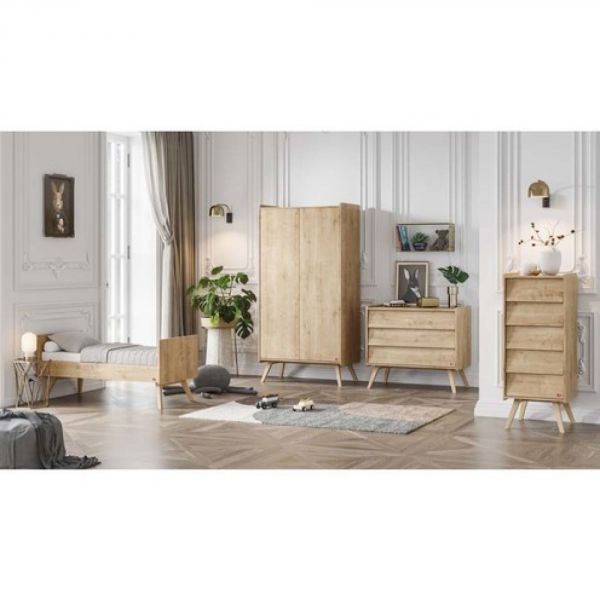 Chambre trio lit 70x140 + commode + armoire Bois - Collection Vintage
