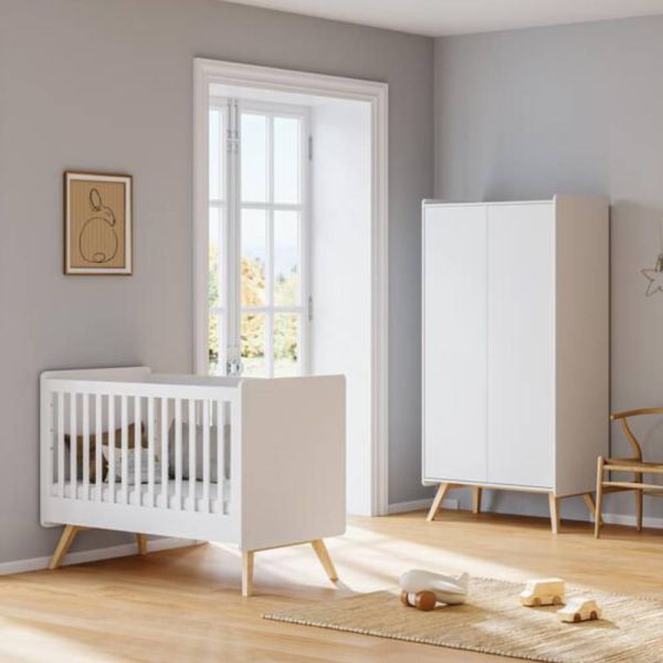 Chambre duo Lit bébé 60 x 120 cm + Armoire 2 portes Vintage blanc