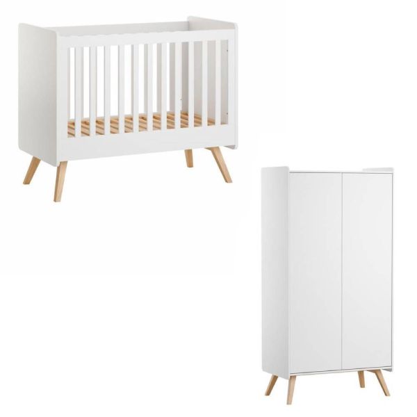 Chambre duo Lit bébé 60 x 120 cm + Armoire 2 portes Vintage blanc