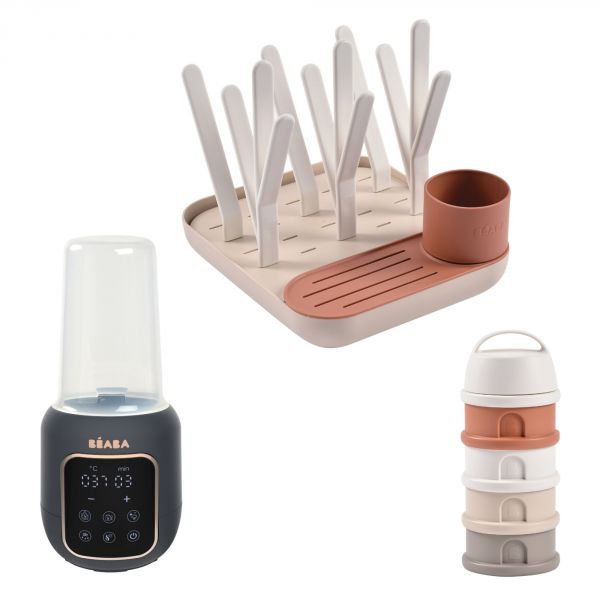Chauffe biberon multi milk night blue + Egoutte biberons Forêt Terracotta Clay + Boîte doseuse Cotton white Terracotta
