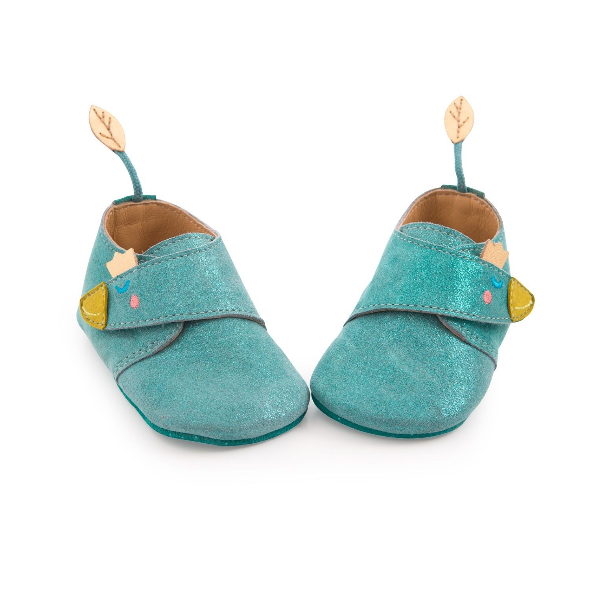 Chaussons cuir bébé 0-6 mois bleu Le voyage d'Olga - Made in Bébé