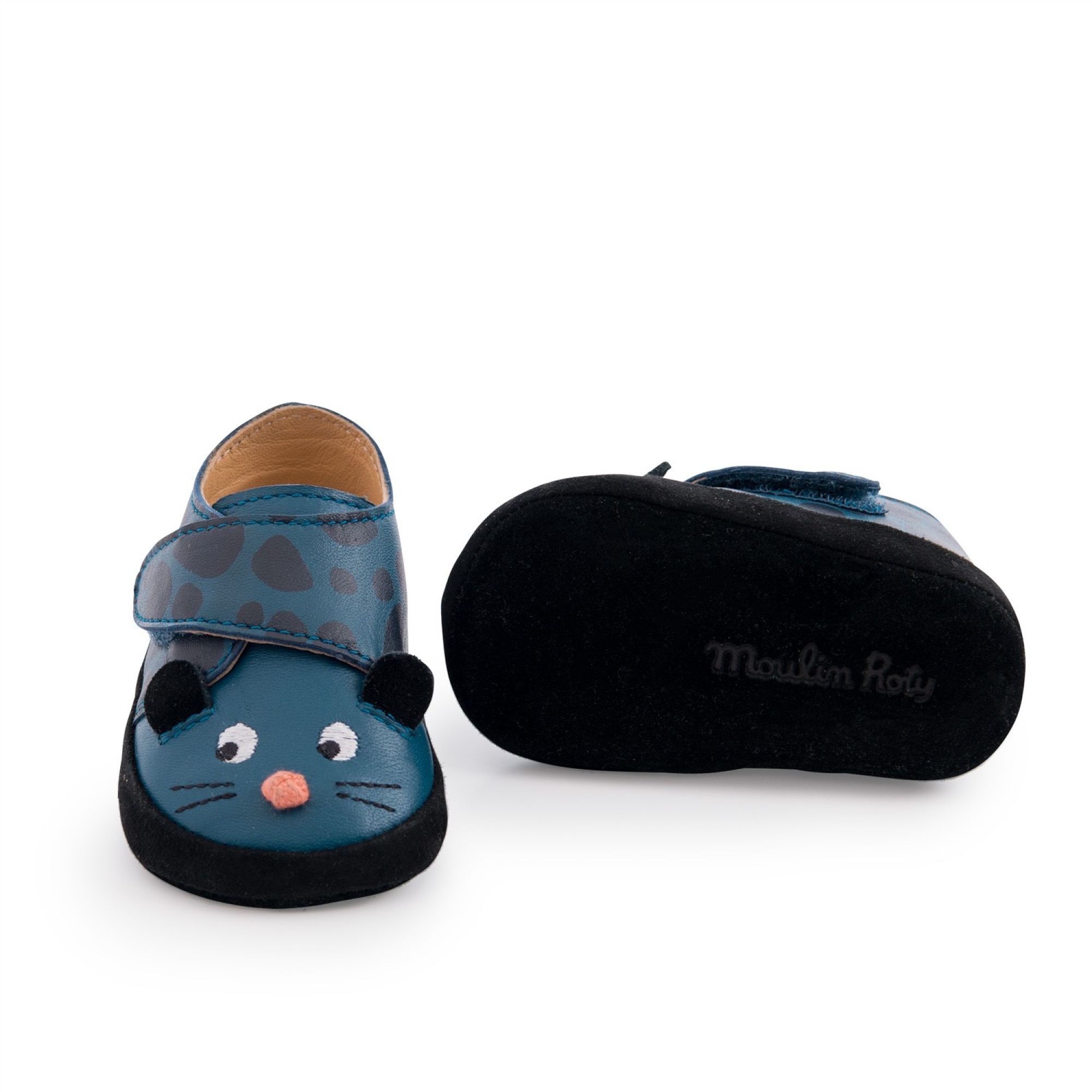 Chaussons cuir bébé - chat noir - Les Moustaches 0/6 m - Moulin