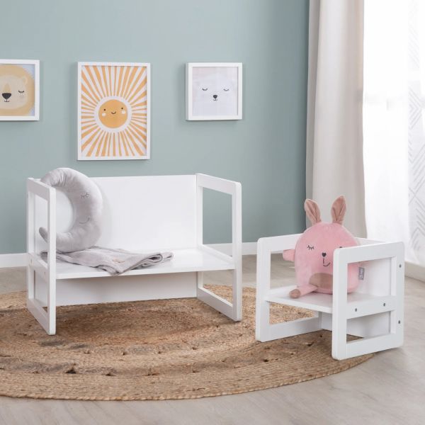 Ensemble tabouret et banc enfant réversible blanc