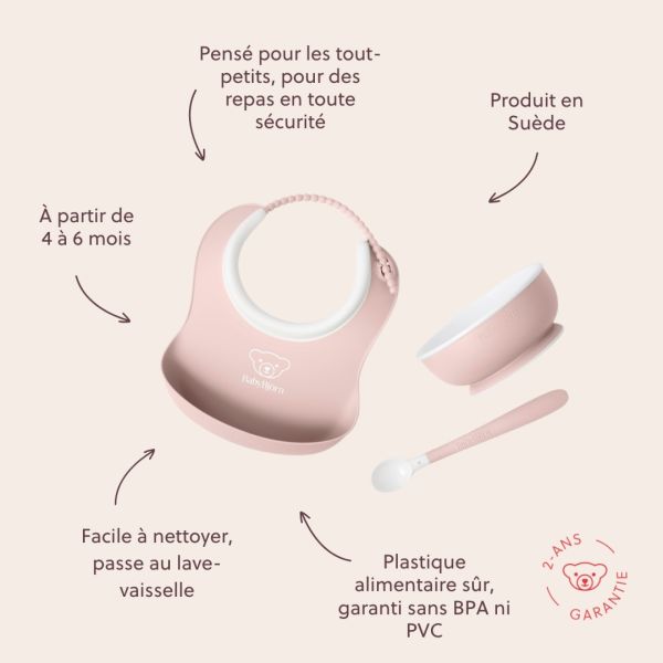 Coffret repas avec bavoir rose pastel