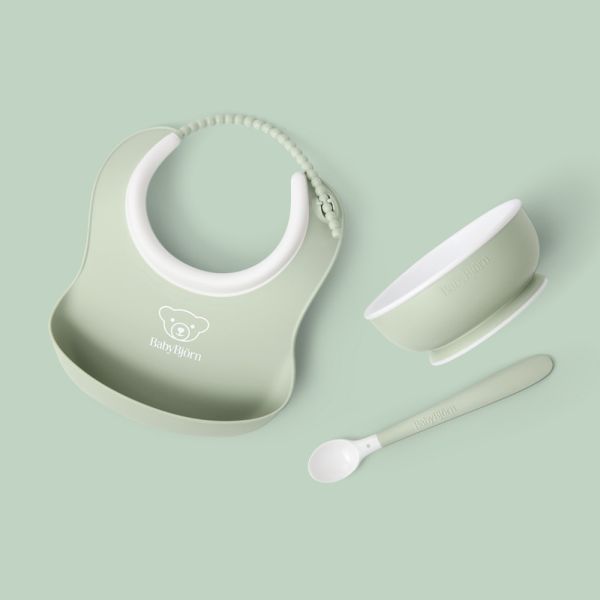 Coffret repas avec bavoir vert pastel