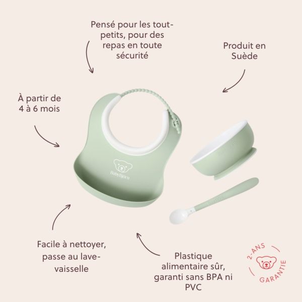 Coffret repas avec bavoir vert pastel