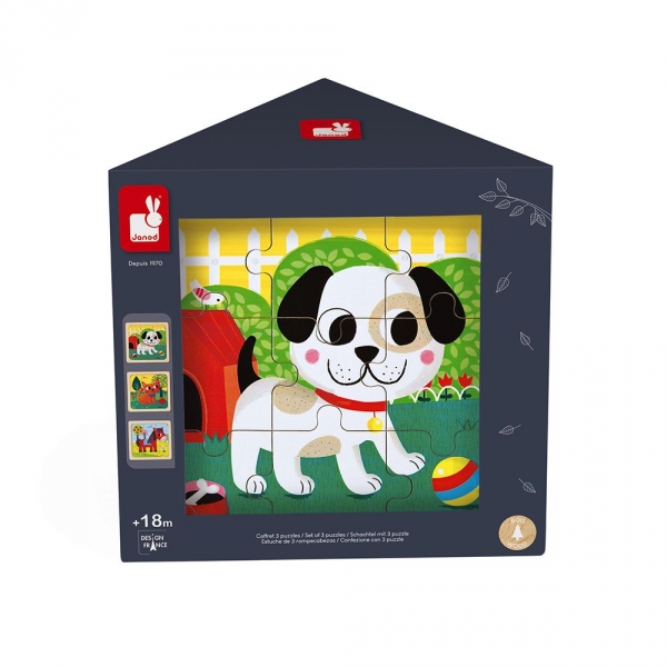 Coffret 3 puzzles en bois 9 pièces Tornado, Titus et Felix