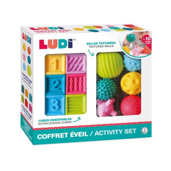 Coffret d'éveil sensoriel 6 balles et 6 cubes souples