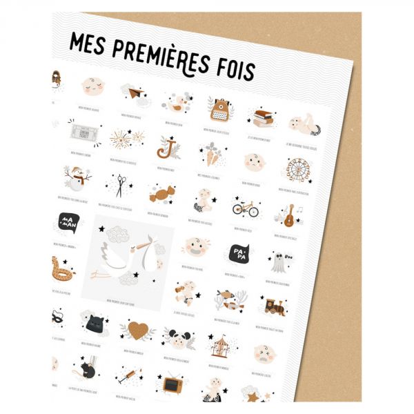 Coffret affiche à tamponner Mes premières fois Peau Claire Maman/Papa + porte affiche en bois