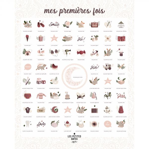 Coffret affiche à tamponner Mes premières fois Souris poudre Maman/Papa + porte affiche en bois