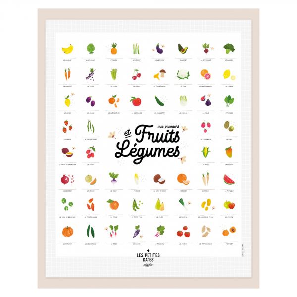 Coffret affiche à tamponner Mes premiers fruits et légumes + porte affiche en bois